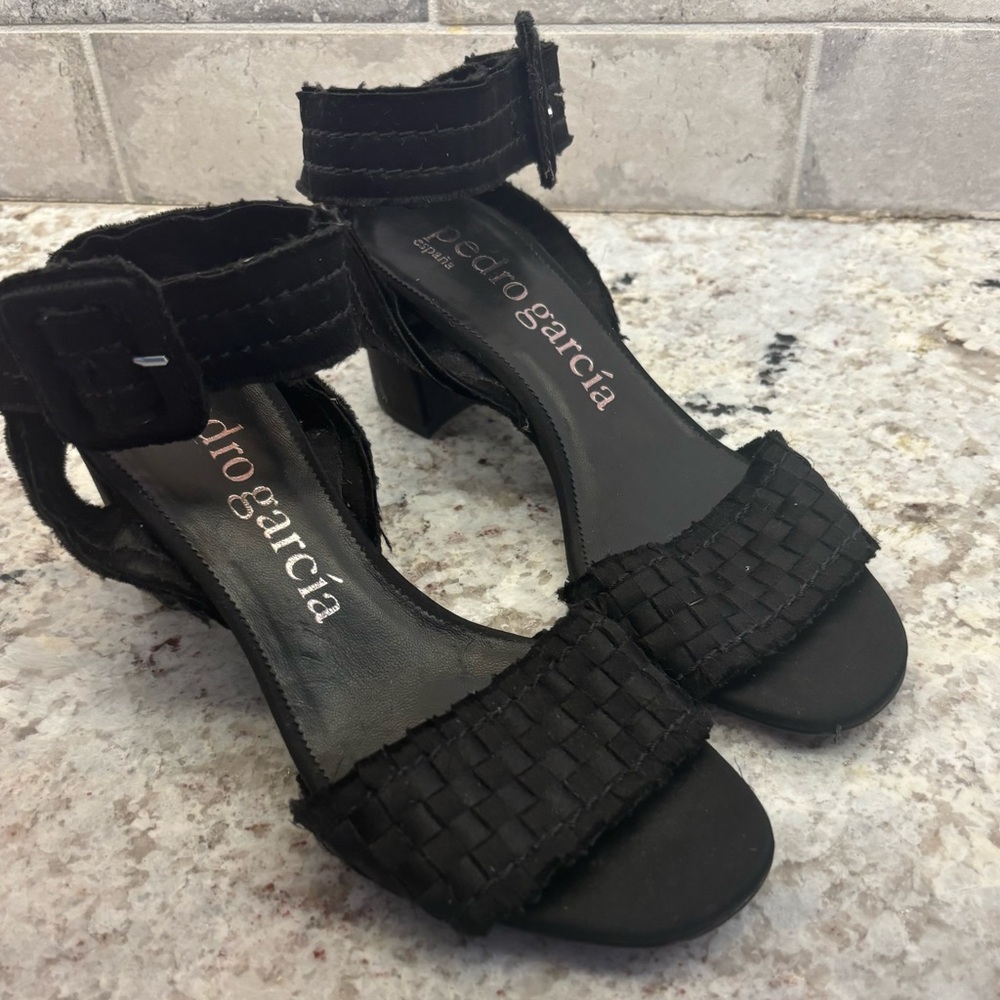 Pedro Garcia Black Woven Ankle-Strap Heels